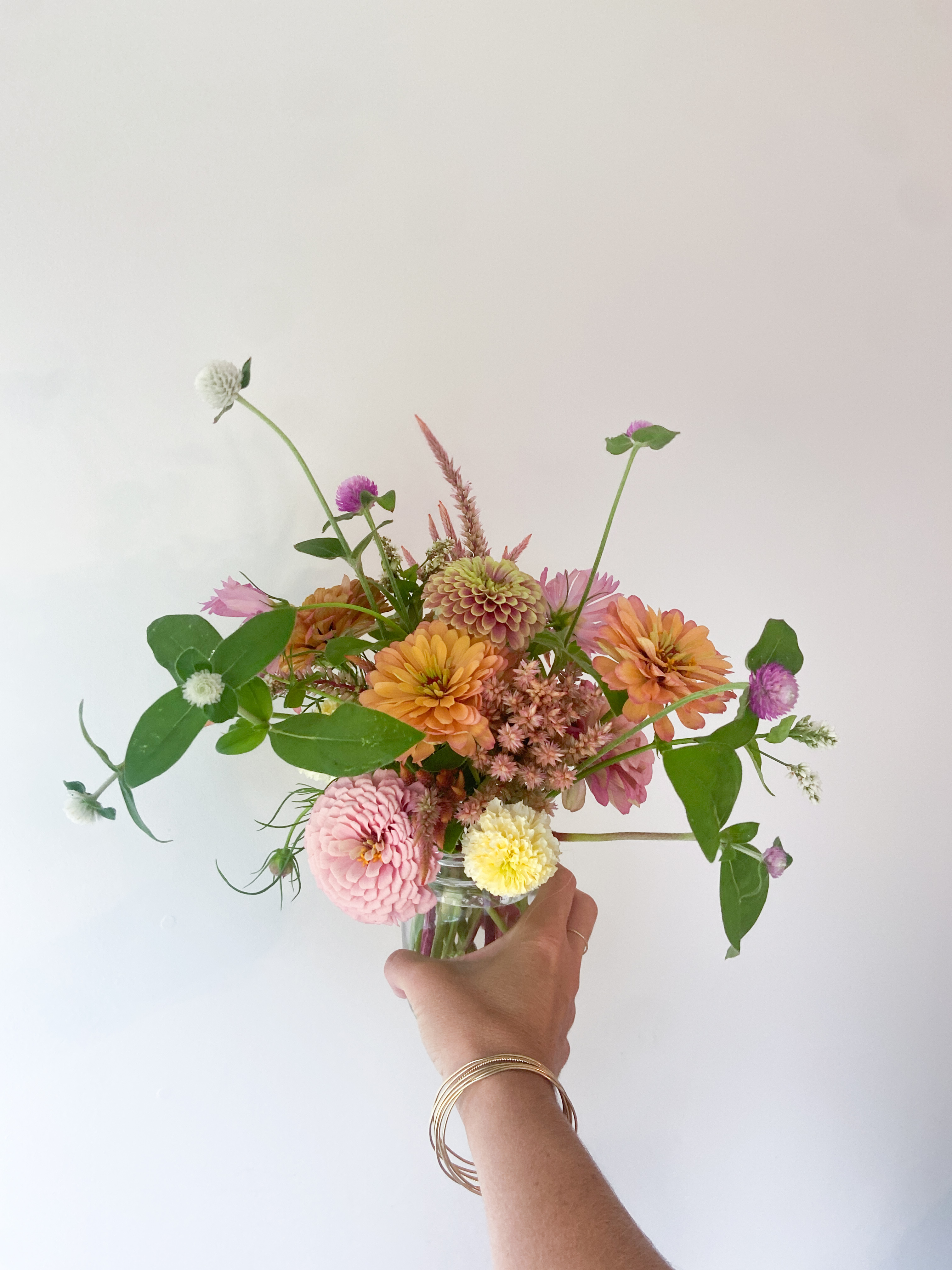 White dahlia bouquet with seasonal blooms